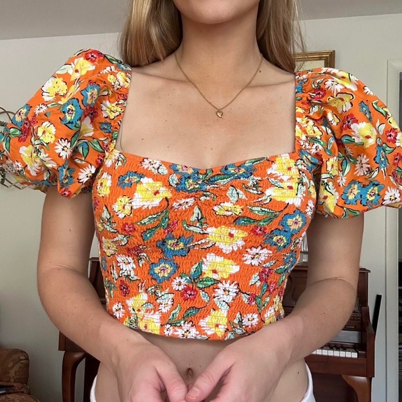 Zara Floral Puff Balloon Sleeve Smocked Crop Top Large Blogger - Picture 2 of 5